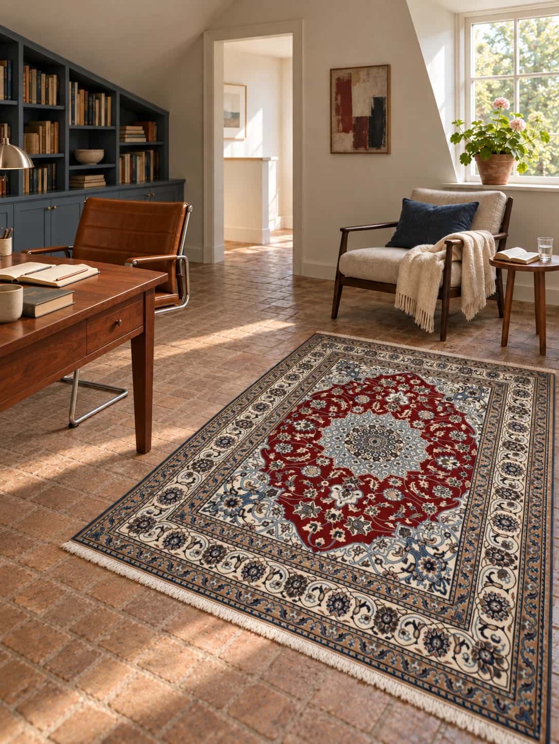 Alfombra persa Nain, floral, 140x203 cm, principalmente en rojo y azul — En una habitación