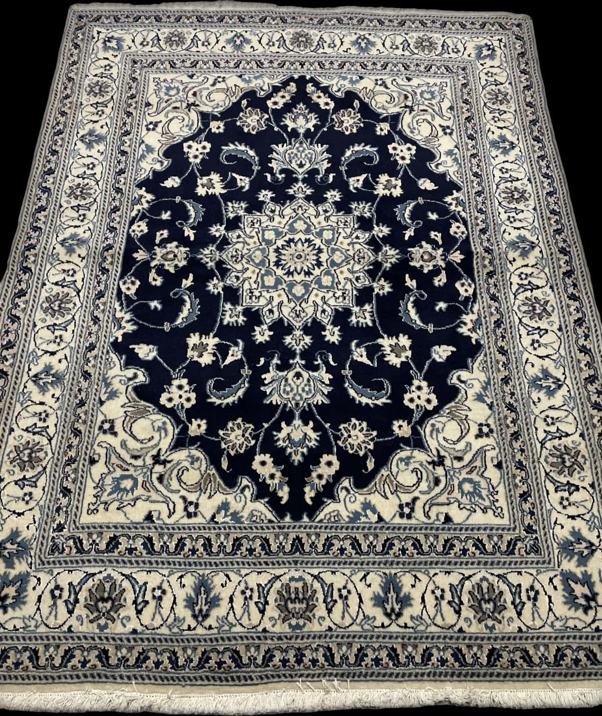Persian rug of Nain style in dimensions 204 centimeters length by 148 centimeters width with mainly blue colors — Perspective