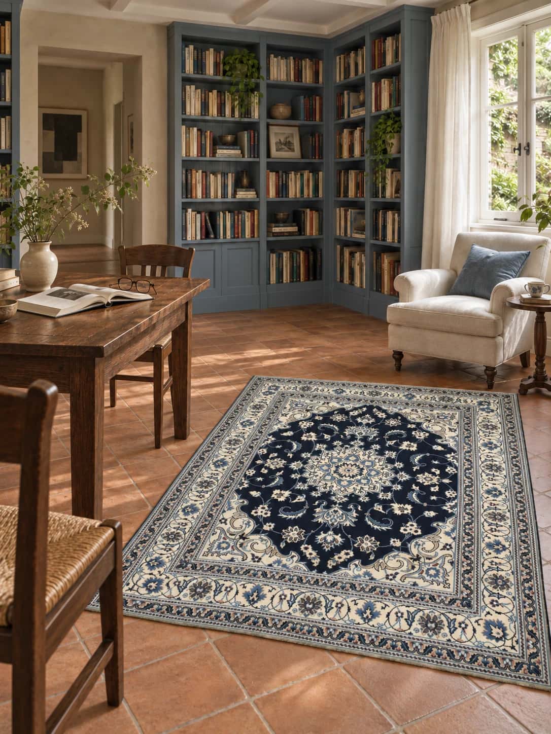 Alfombra persa Nain, floral, 148x204 cm, principalmente en azul y blanco — En una habitación
