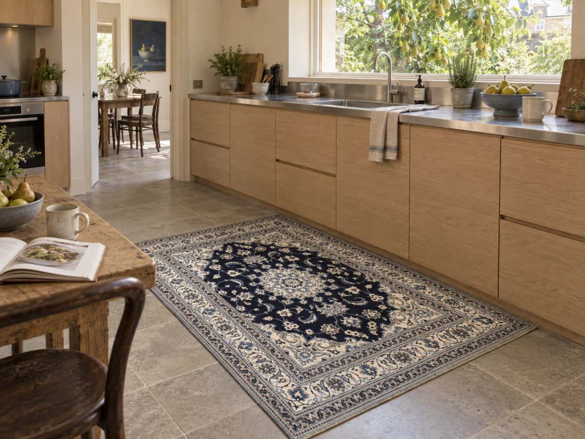 Alfombra persa Nain, floral, 148x204 cm, principalmente en azul y blanco — En una habitación