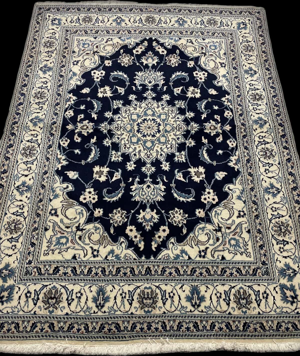 Persian rug of Nain style in dimensions 204 centimeters length by 148 centimeters width with mainly blue colors — Perspective
