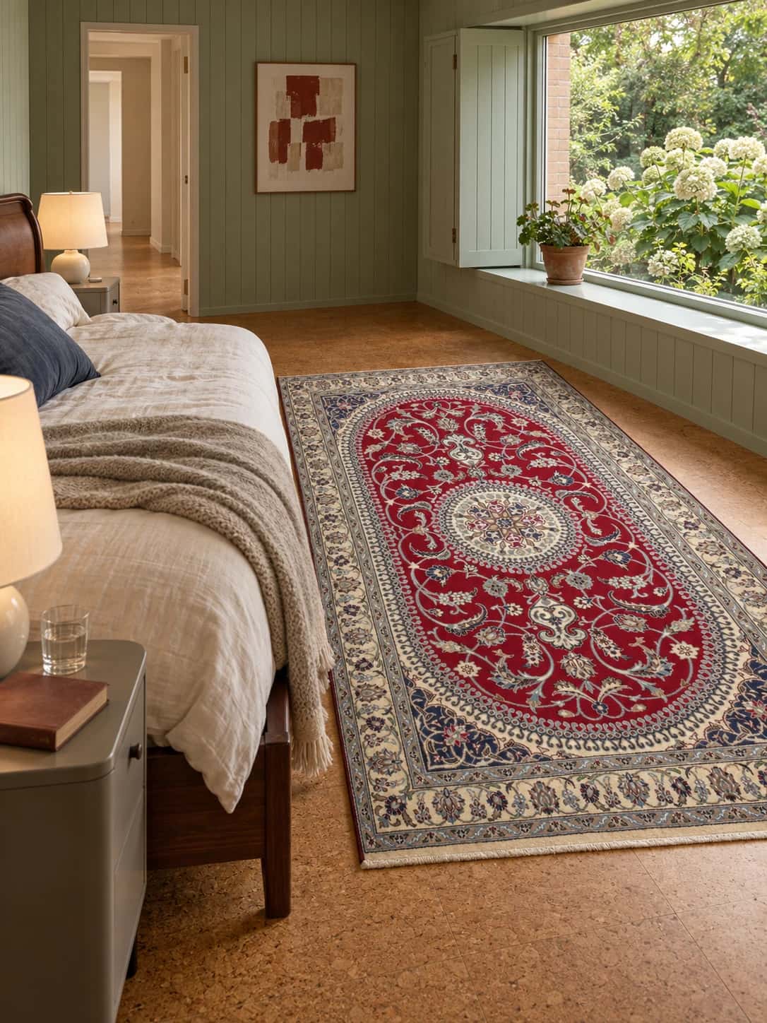 Alfombra persa Nain, floral, 162x253 cm, principalmente en rojo y azul — En una habitación