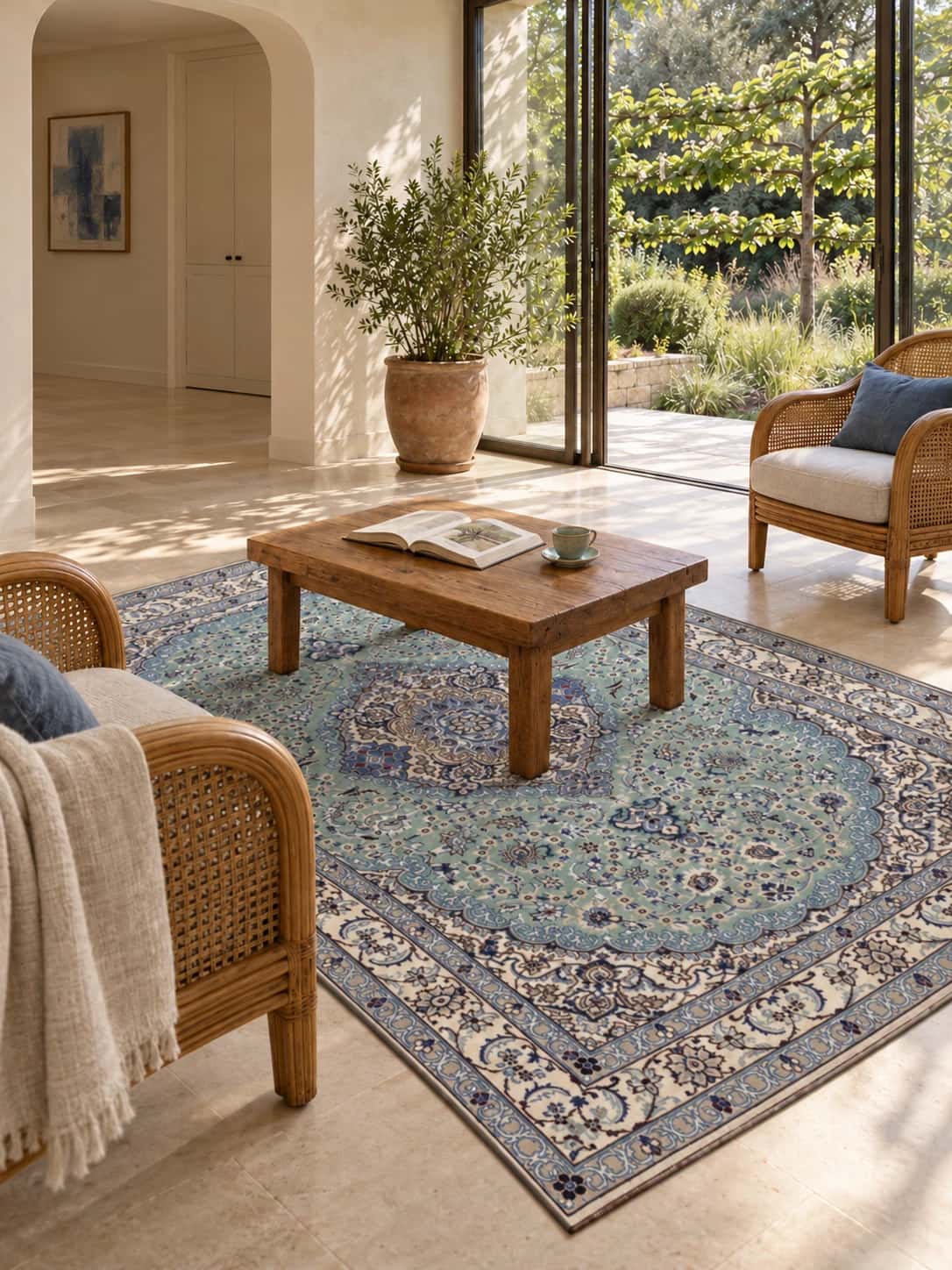 Persian Nain rug, floral, 160x249 cm, mainly teal — In a room