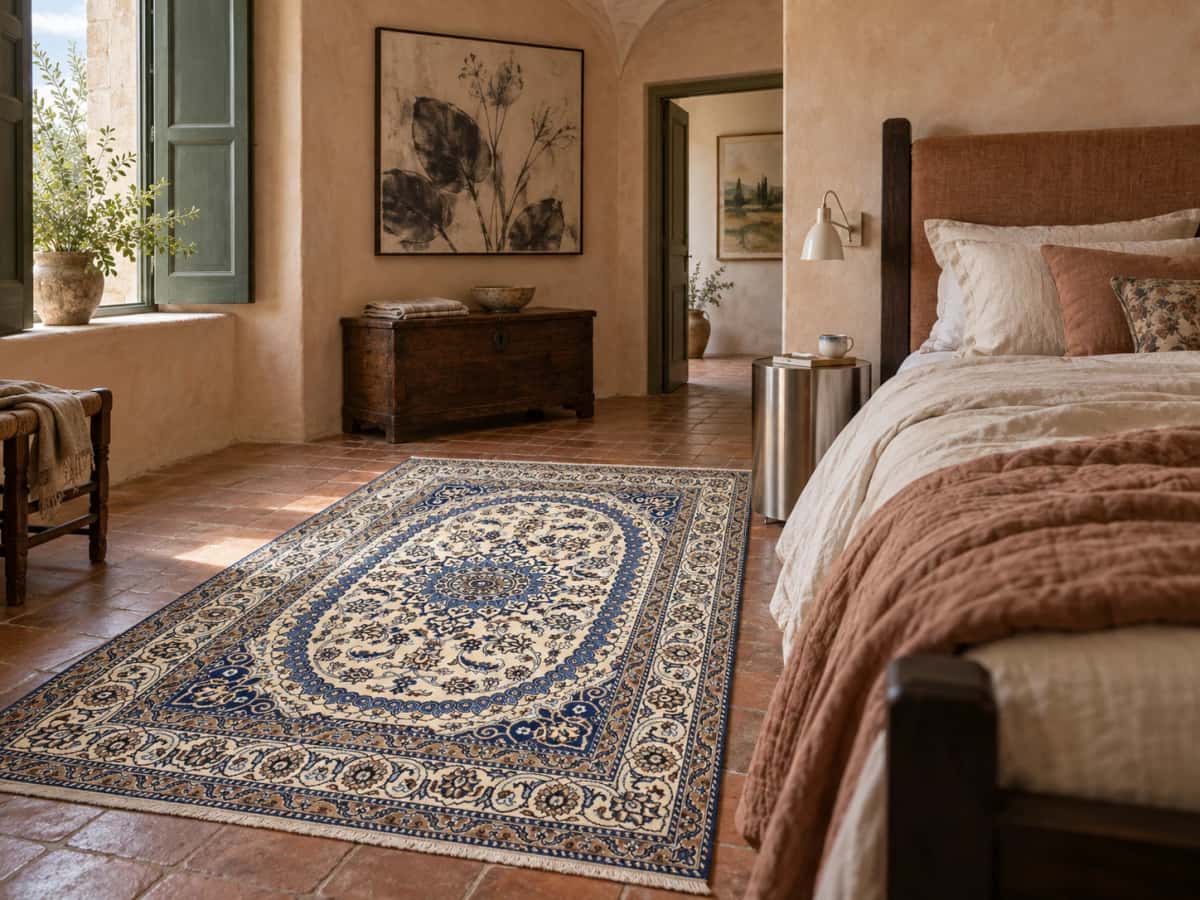 Perzisch tapijt Nain, gebloemd, 148x212 cm, overwegend blauw en wit — In een kamer