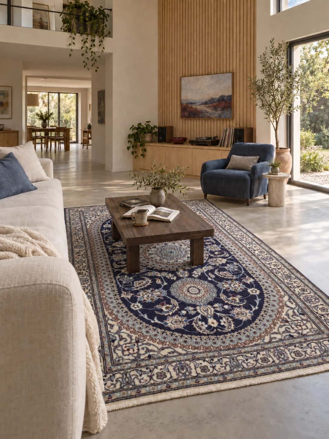 Persian Nain rug, floral, 162x270 cm, mainly blue — In a room