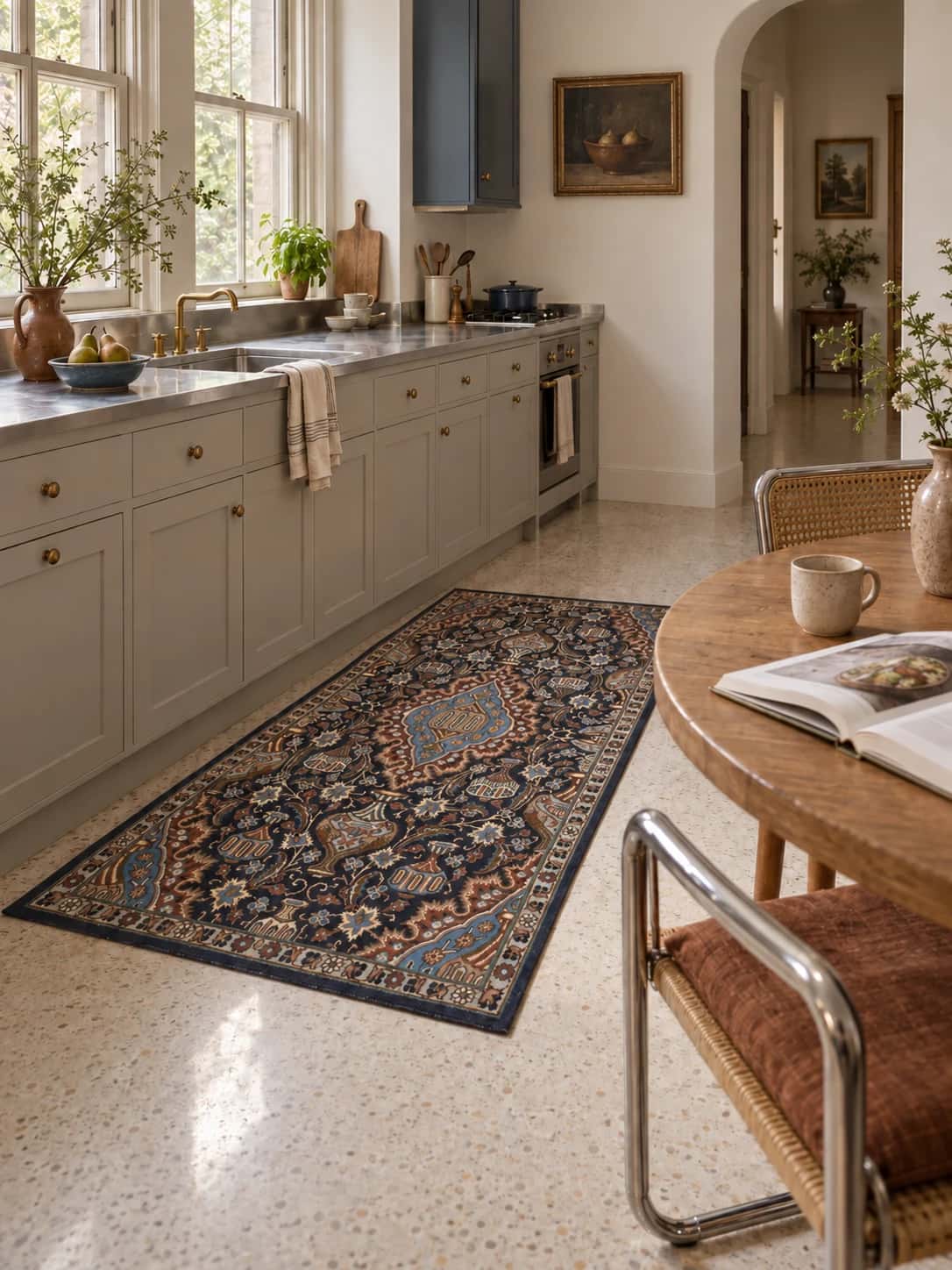 Persian Kashmar rug, floral, 107x183 cm, mainly blue and black — In a room