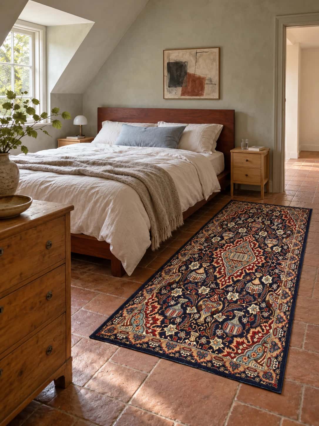 Persian Kashmar rug, floral, 106x210 cm, mainly blue and black — In a room