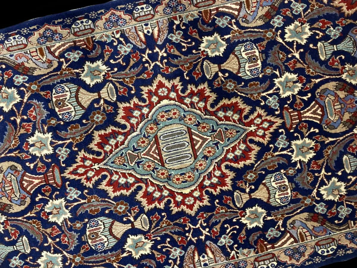 Persian rug of Kashmar style in dimensions 210 centimeters length by 106 centimeters width with mainly blue colors — Perspective