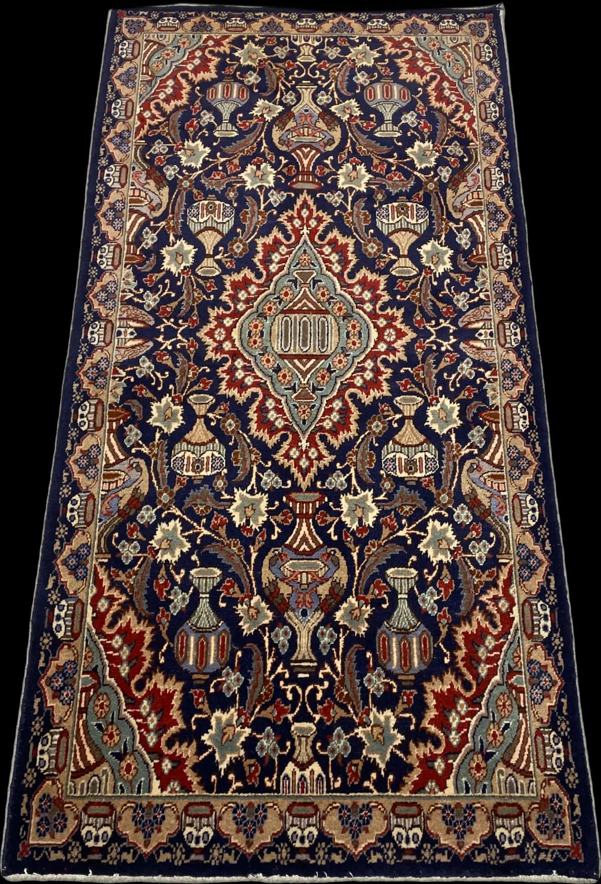 Persian rug of Kashmar style in dimensions 210 centimeters length by 106 centimeters width with mainly blue colors — Perspective