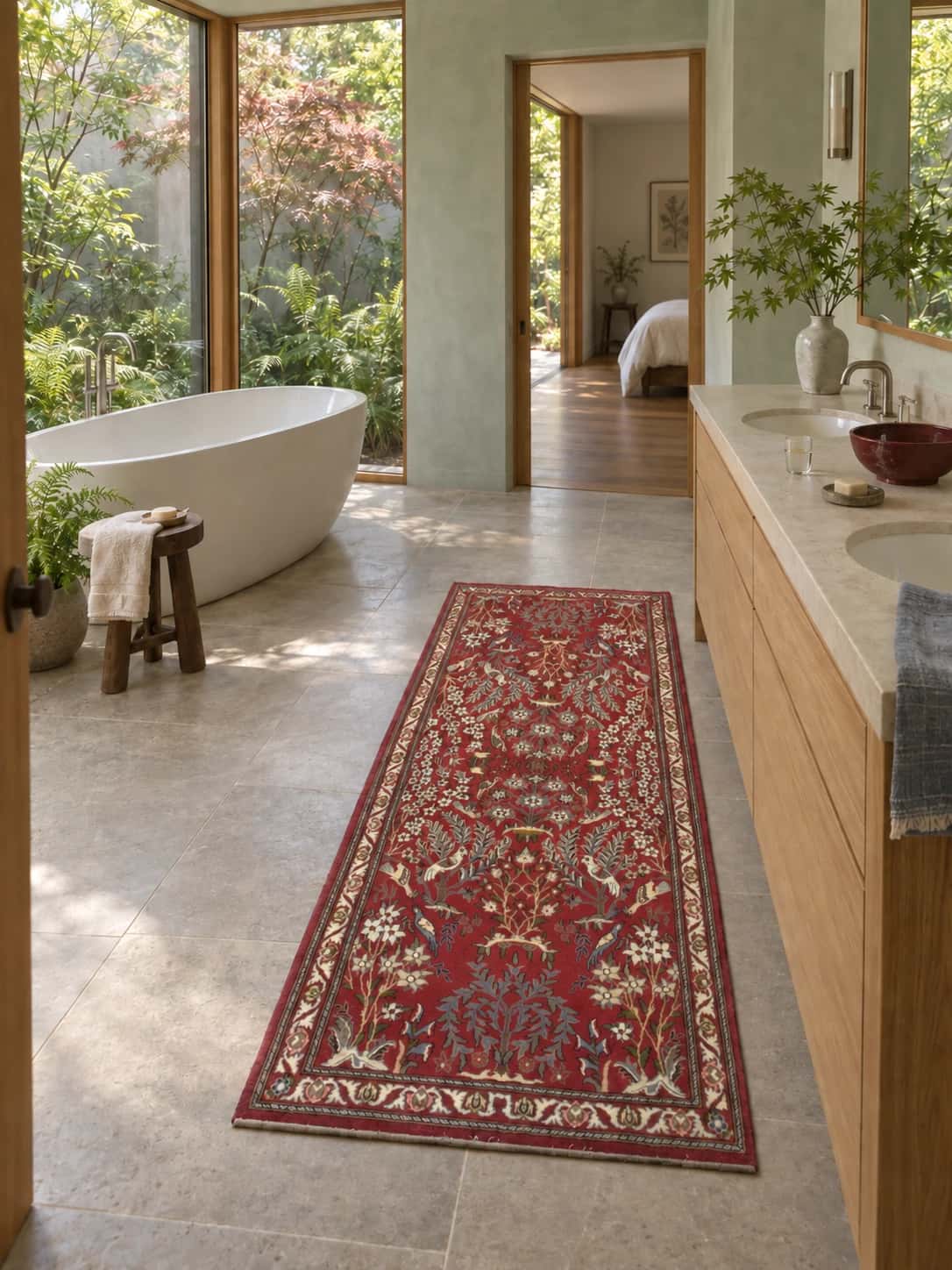 Persian rug, floral, 96x220 cm, mainly red — In a room