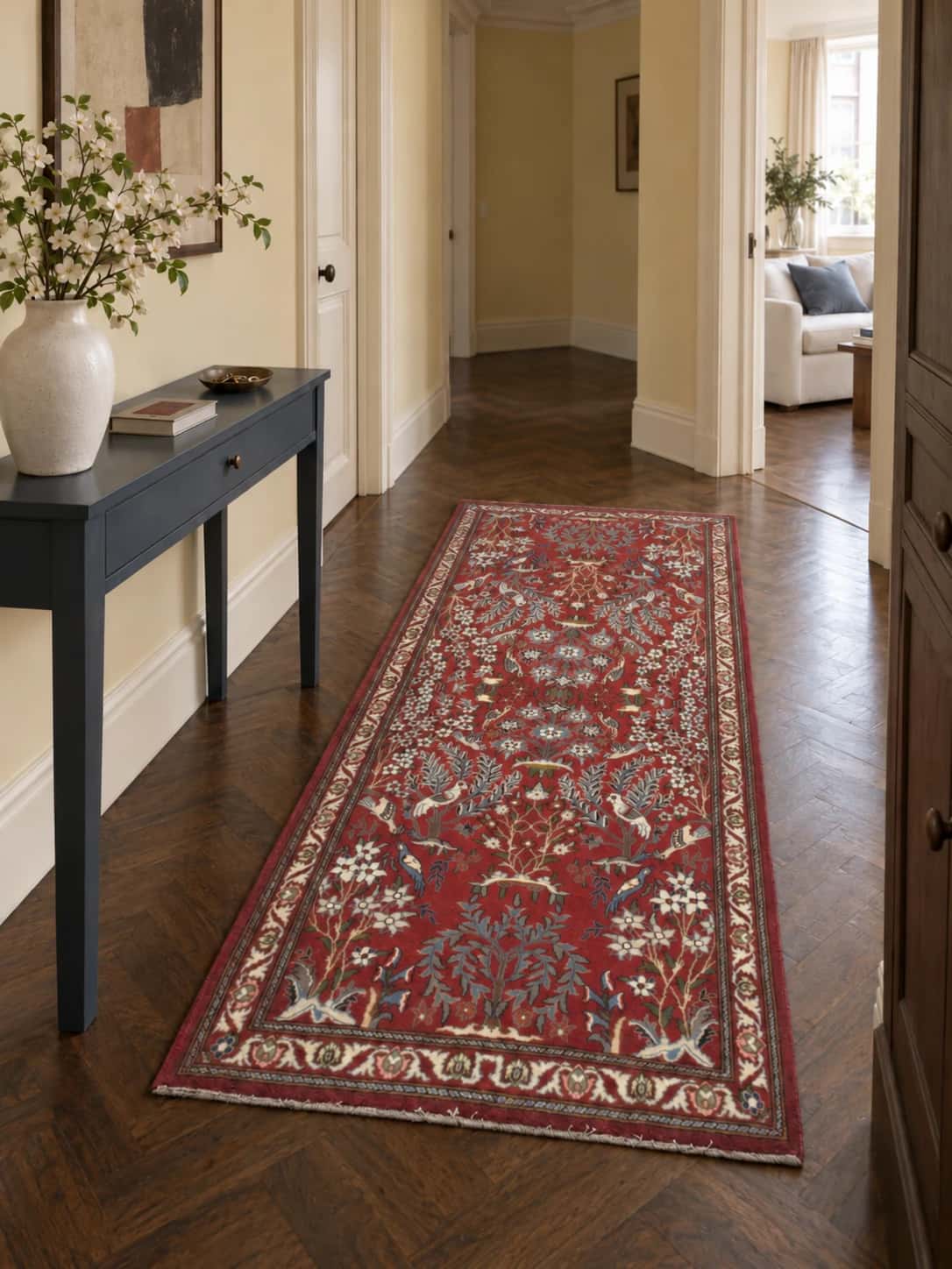 Persian rug, floral, 96x220 cm, mainly red — In a room