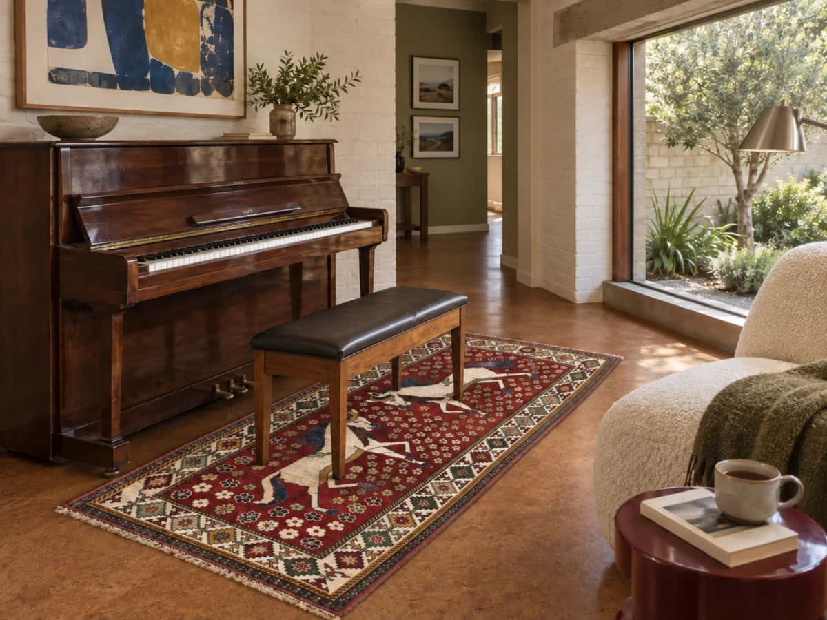 Persian Gabbeh rug, oriental, 96x203 cm, mainly red — In a room