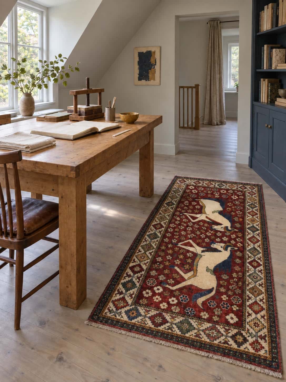 Persian Gabbeh rug, oriental, 96x203 cm, mainly red — In a room