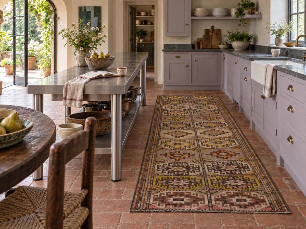 Persian rug, oriental, 123x306 cm, mainly brown and yellow — In a room
