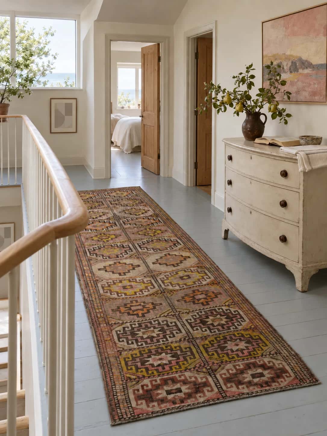 Persian rug, oriental, 123x306 cm, mainly brown and yellow — In a room