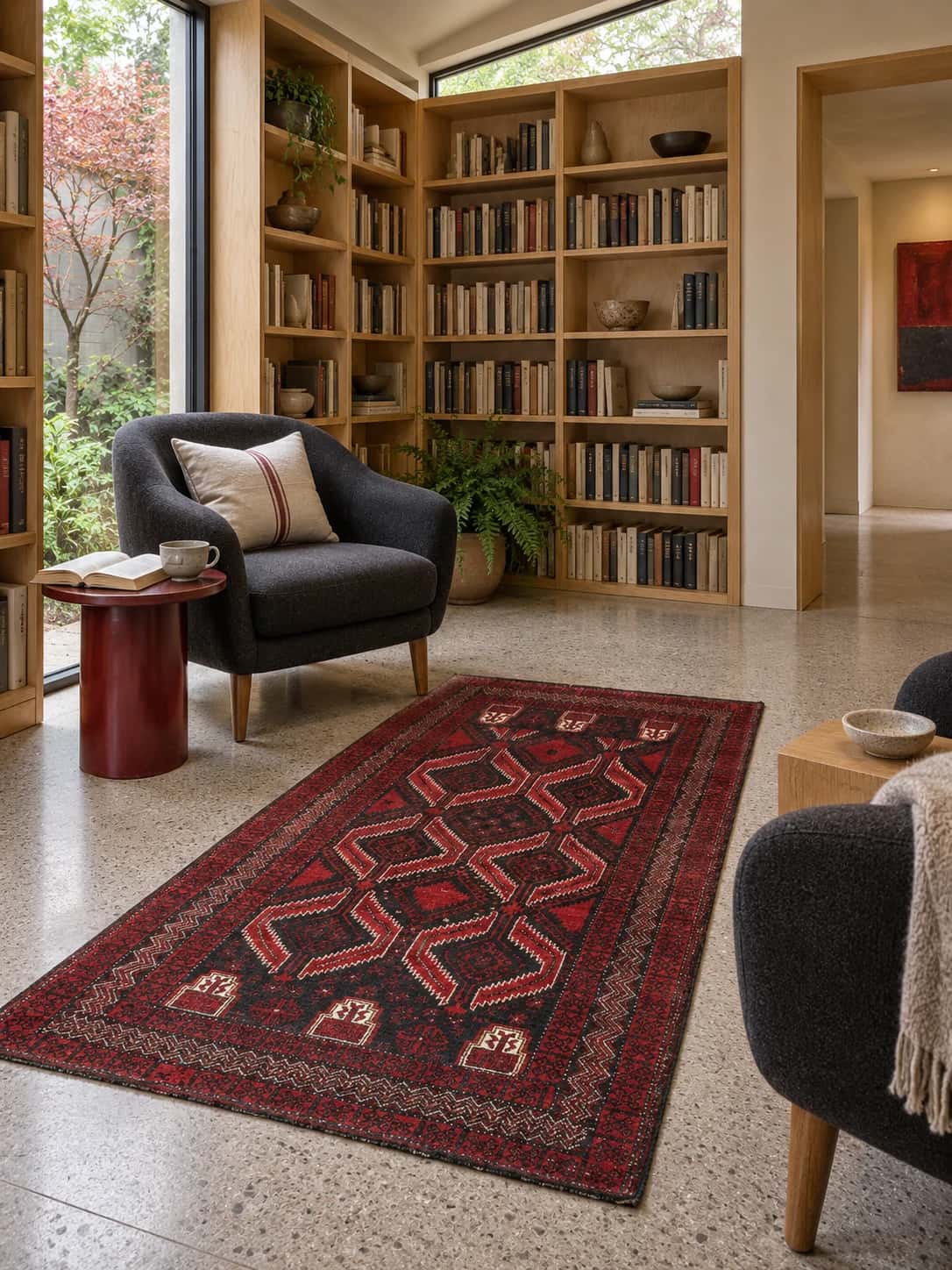Persian Baluch rug, geometric, 105x184 cm, mainly red — In a room