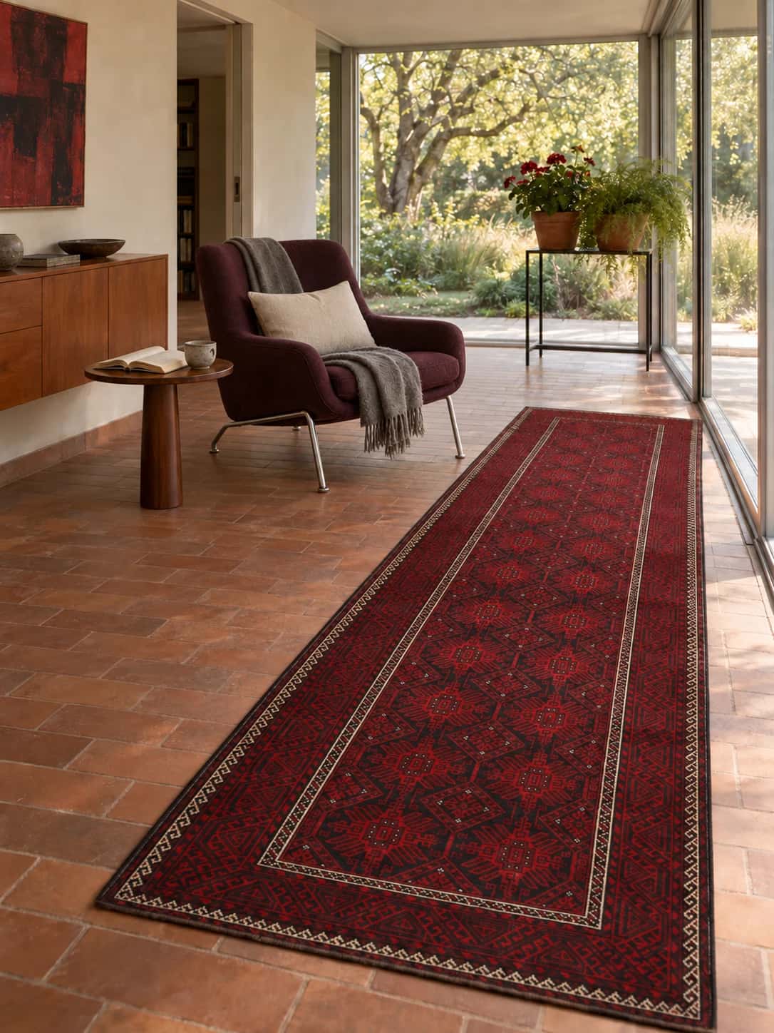 Persian rug, geometric, 117x360 cm, mainly red — In a room