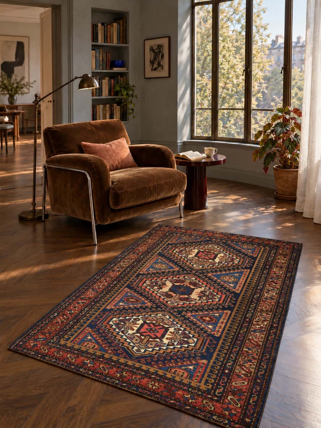 Persian Hamadan rug, geometric, 97x170 cm, multicoloured — In a room