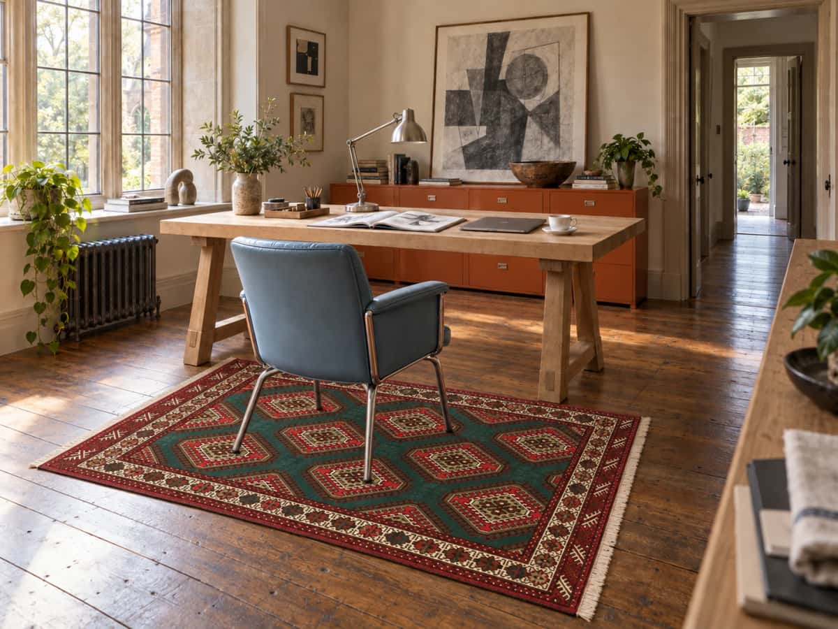 Persian Turkoman rug, oriental, 137x183 cm, mainly green — In a room