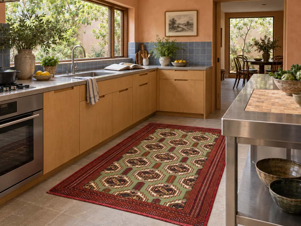 Persian Turkoman rug, oriental, 130x193 cm, mainly red and green — In a room