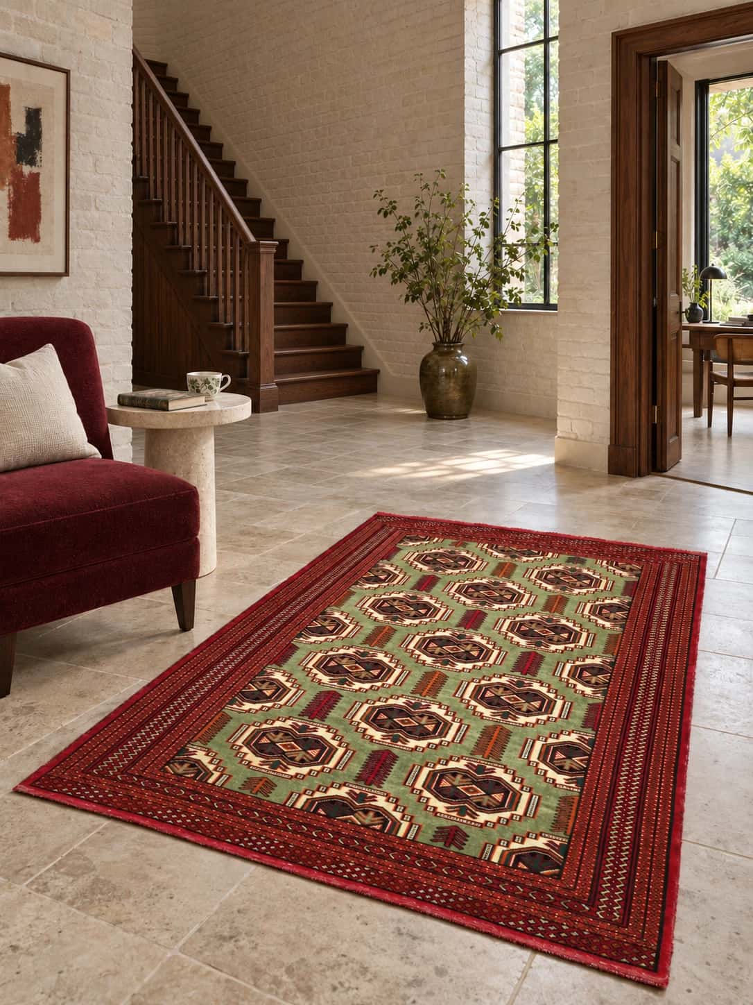 Persian Turkoman rug, oriental, 130x193 cm, mainly red and green — In a room