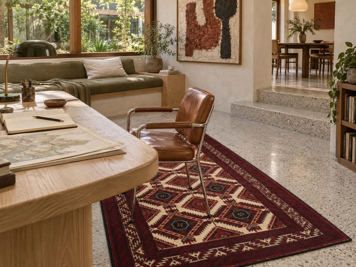 Persian rug, oriental, 100x190 cm, mainly red and beige — In a room
