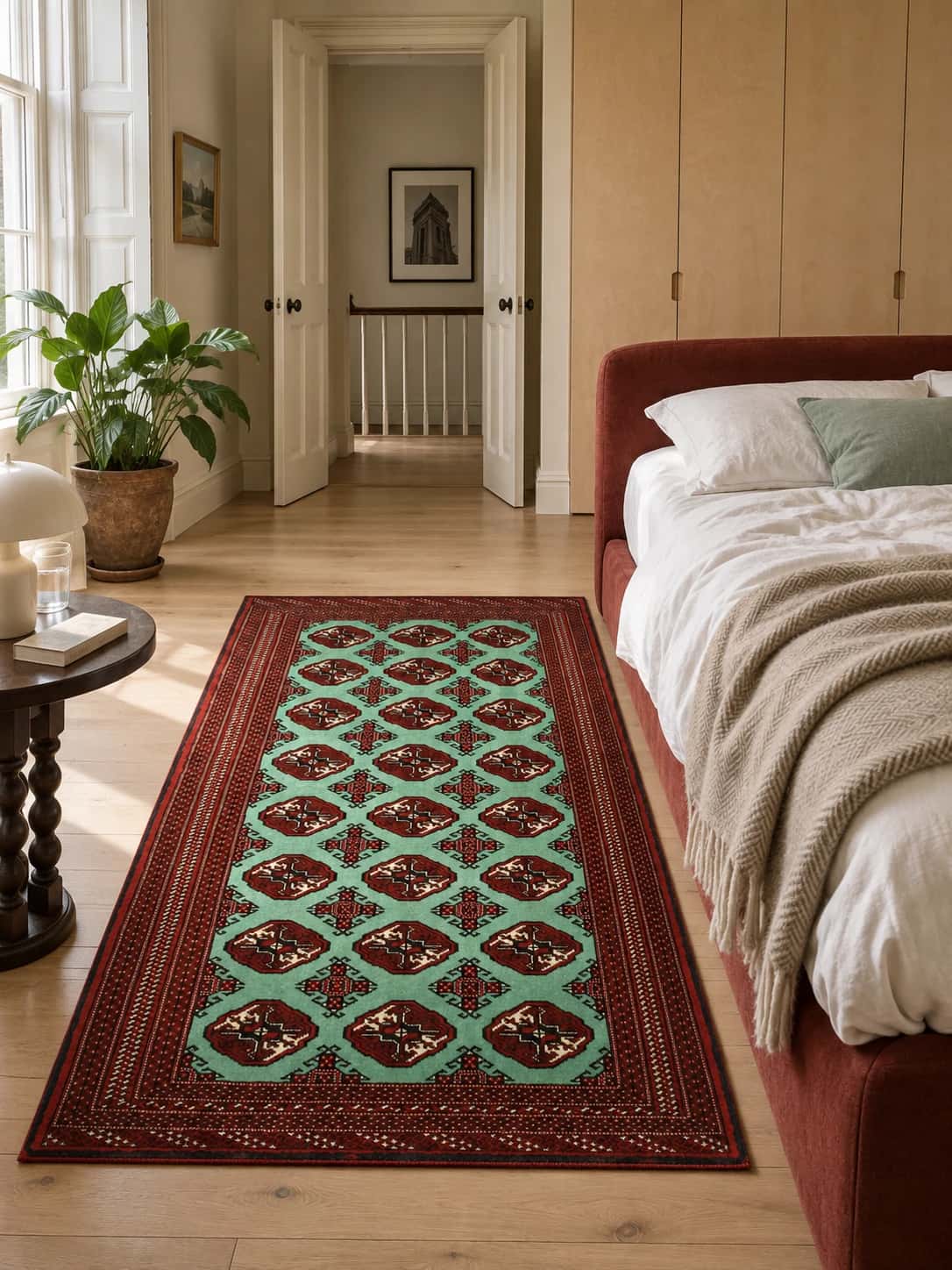 Persian Turkoman rug, oriental, 132x198 cm, mainly green — In a room