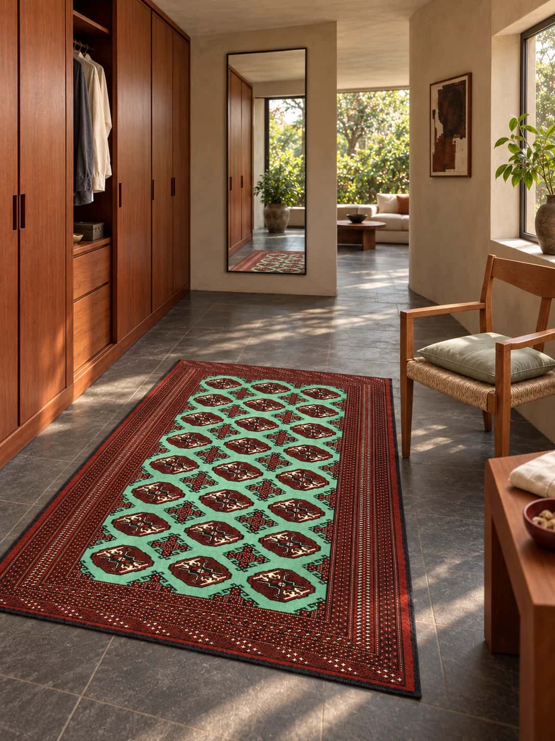 Persian Turkoman rug, oriental, 132x198 cm, mainly green — In a room