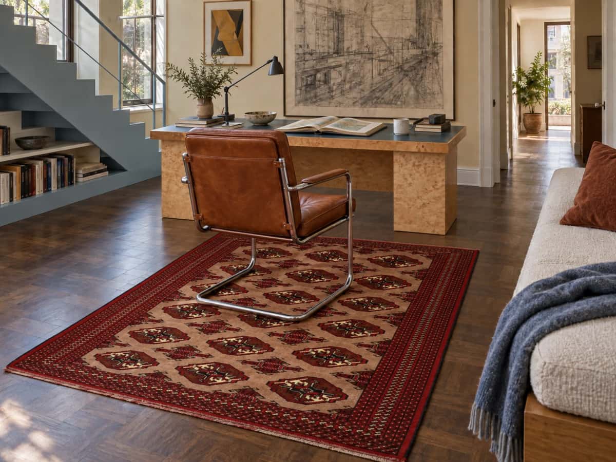 Persian Turkoman rug, oriental, 130x190 cm, mainly red and brown — In a room