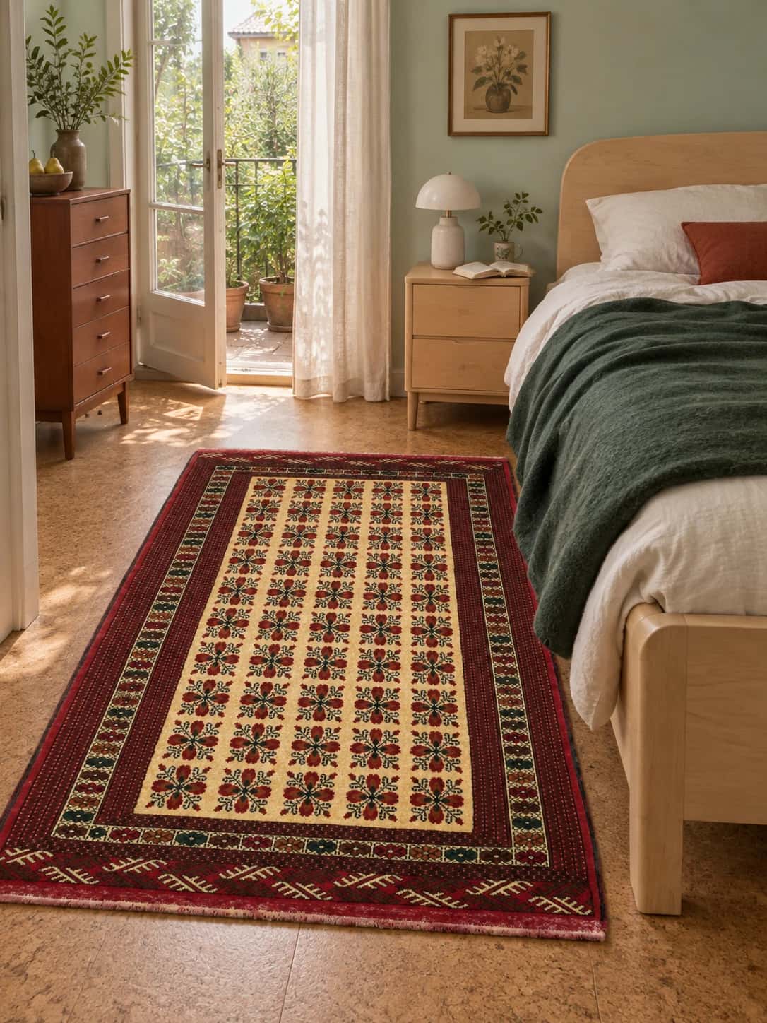 Persian Turkoman rug, oriental, 132x194 cm, mainly red and yellow — In a room