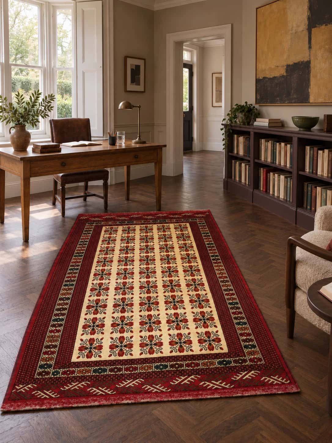 Persian Turkoman rug, oriental, 132x194 cm, mainly red and yellow — In a room