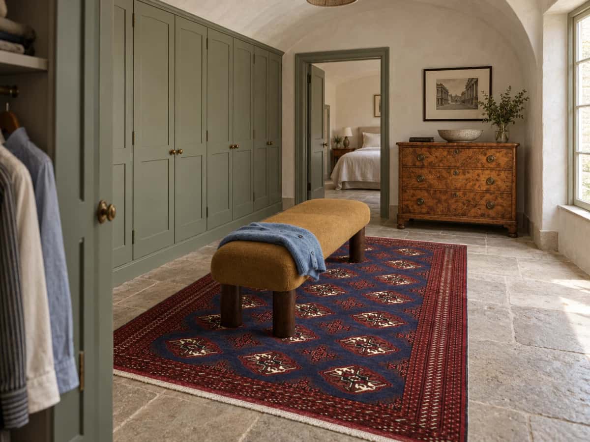 Persian rug, oriental, 134x198 cm, mainly blue and red — In a room