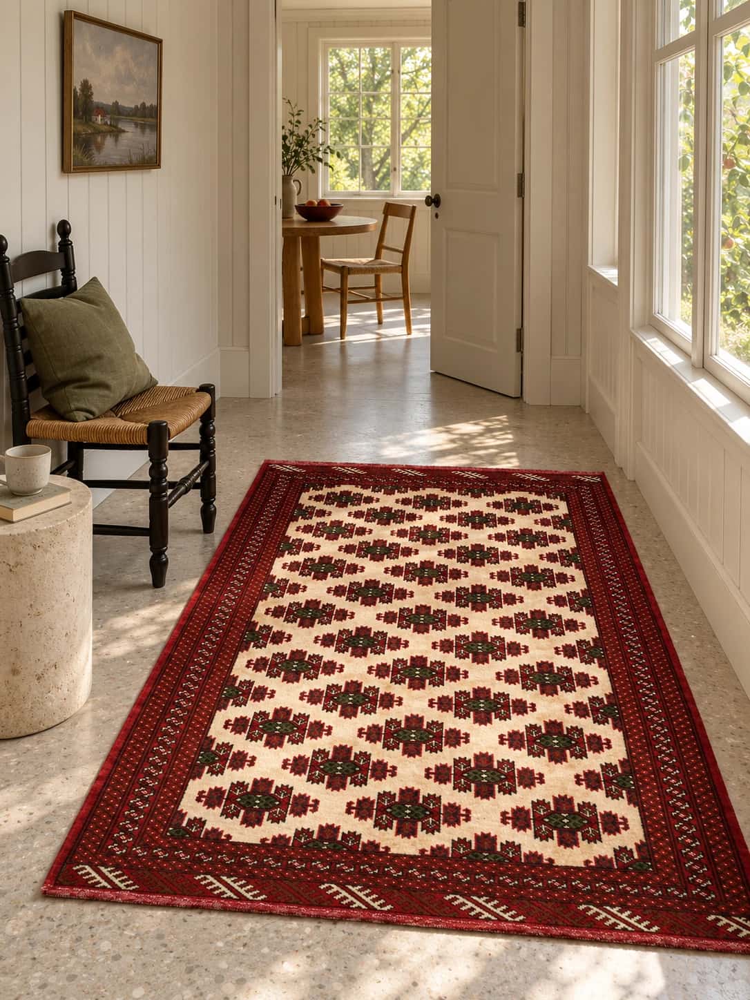 Persian Turkoman rug, oriental, 132x185 cm, mainly red and beige — In a room