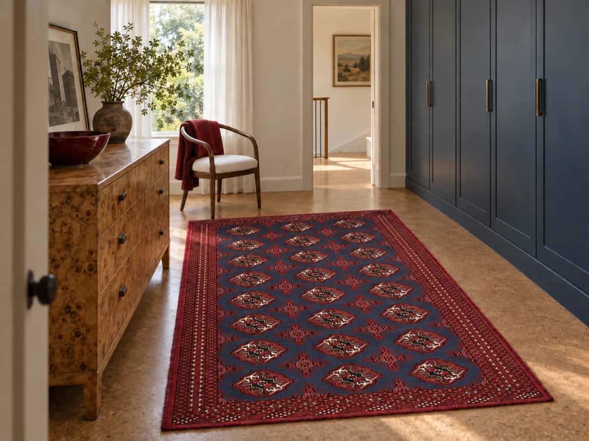 Persian Turkoman rug, oriental, 130x179 cm, mainly red and blue — In a room