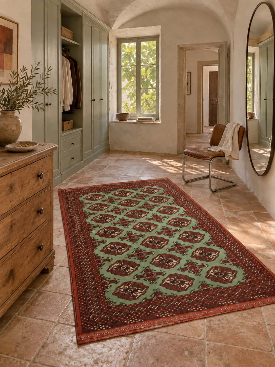 Persian Turkoman rug, oriental, 130x188 cm, mainly green — In a room