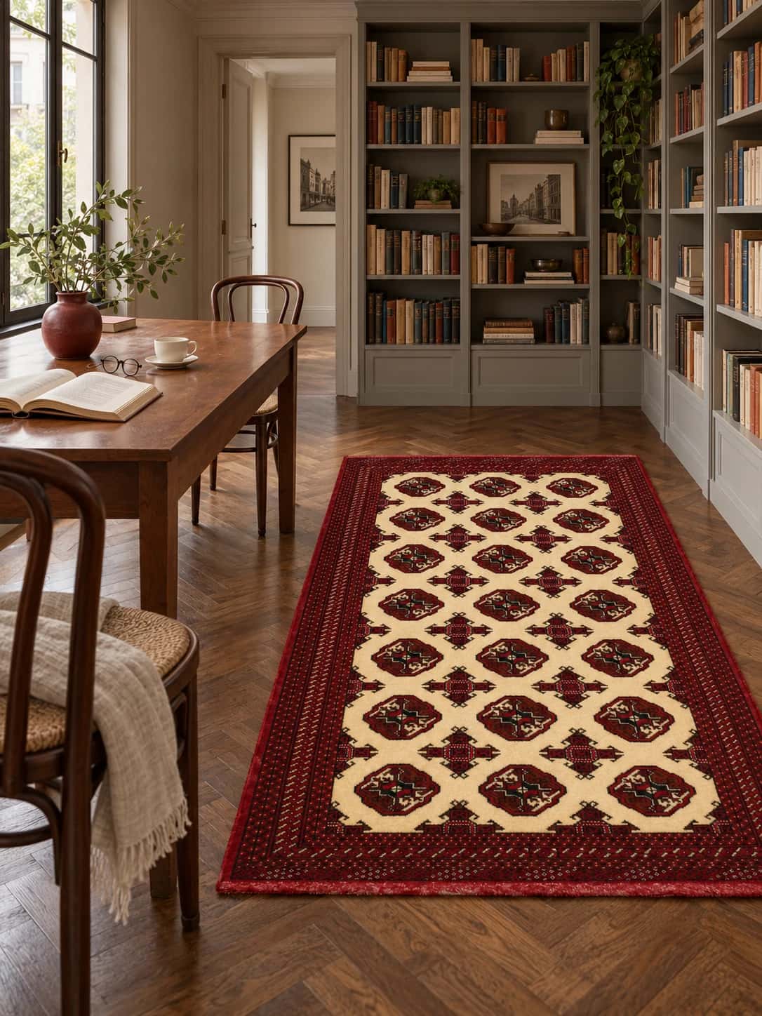 Persian Turkoman rug, geometric, 136x196 cm, mainly beige and red — In a room