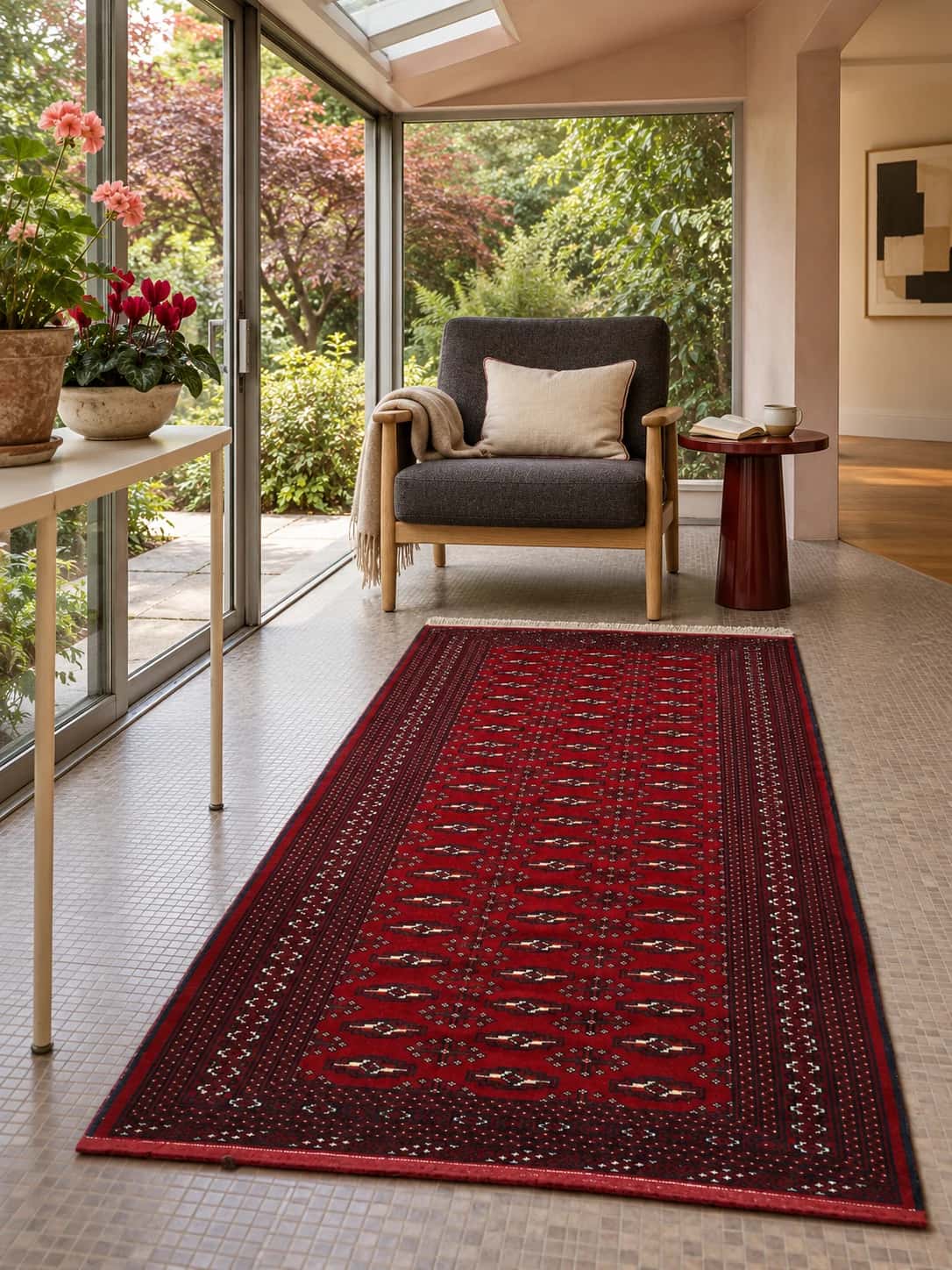 Persian Turkoman rug, geometric, 102x200 cm, mainly red — In a room