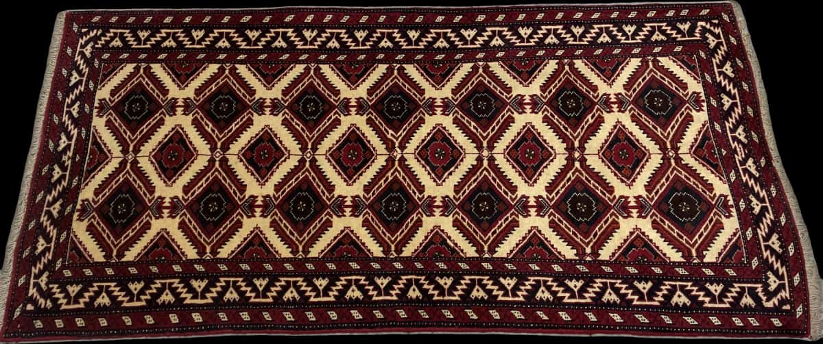 Persian rug of Baluch style in dimensions 196 centimeters length by 96 centimeters width with mainly beige colors — Perspective