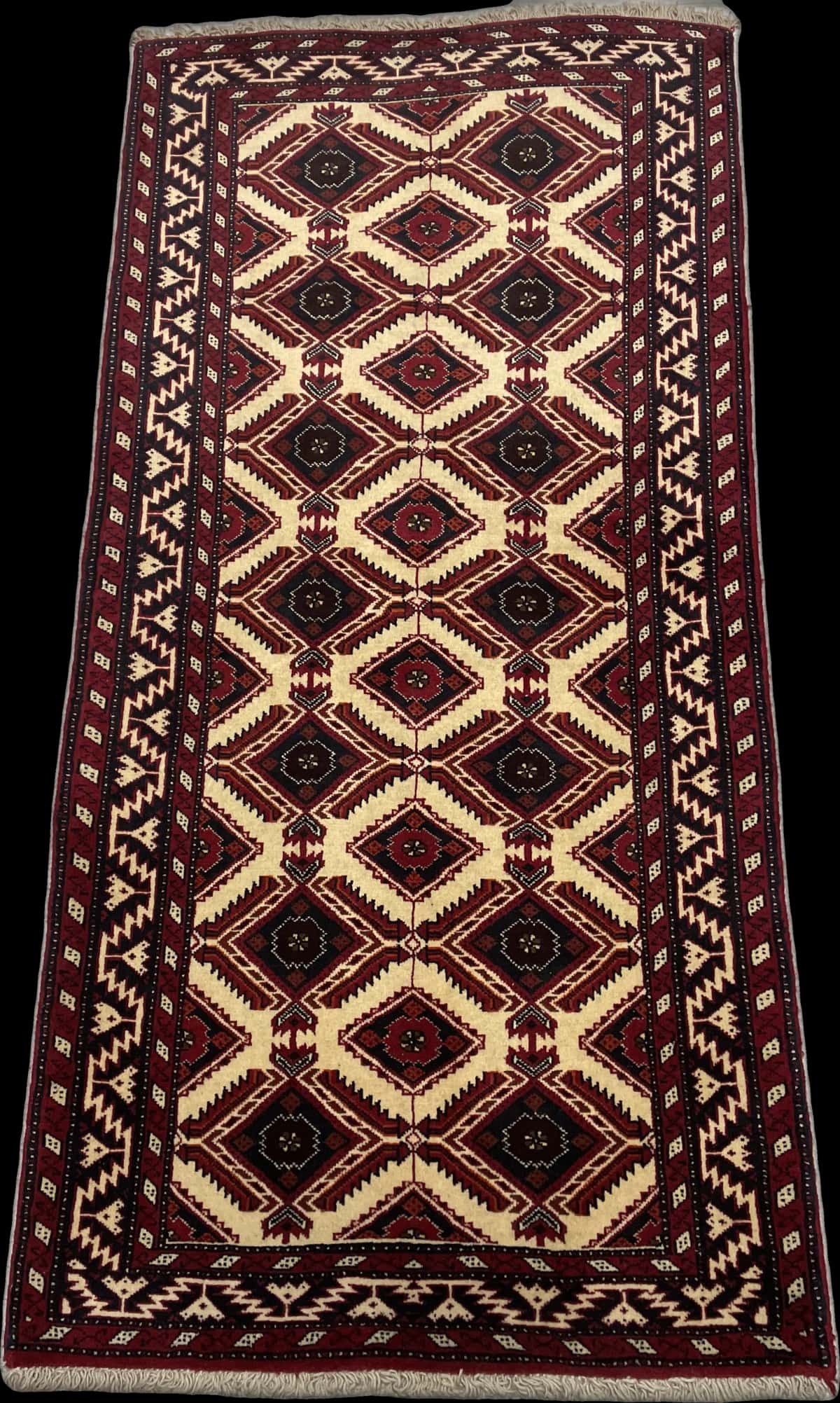 Persian rug of Baluch style in dimensions 196 centimeters length by 96 centimeters width with mainly beige colors — Perspective
