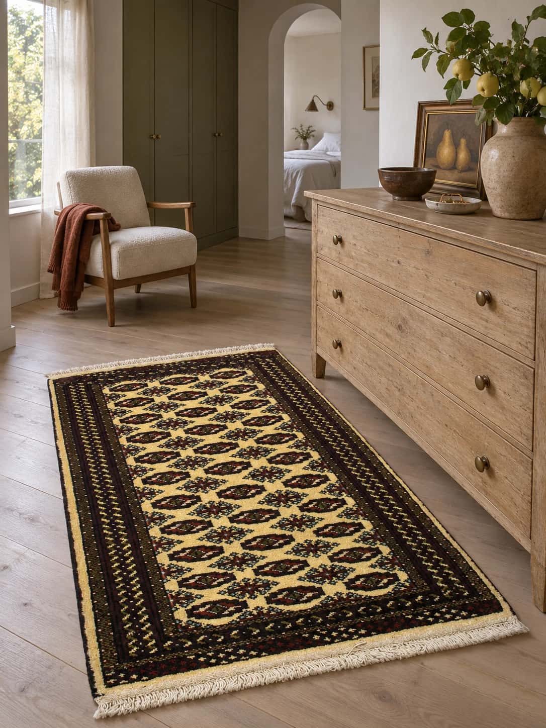 Persian rug, oriental, 78x116 cm, mainly yellow — In a room