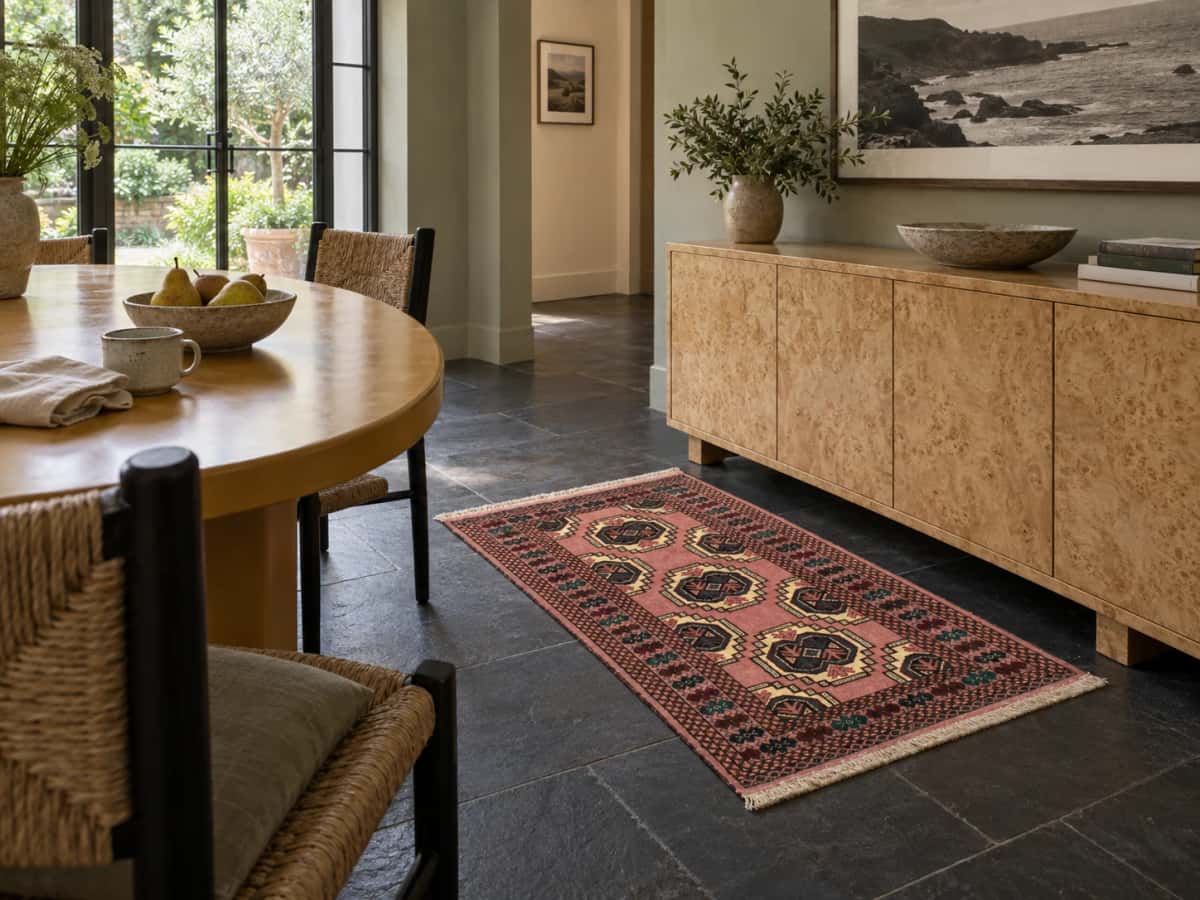 Persian Turkoman rug, oriental, 85x125 cm, mainly pink — In a room