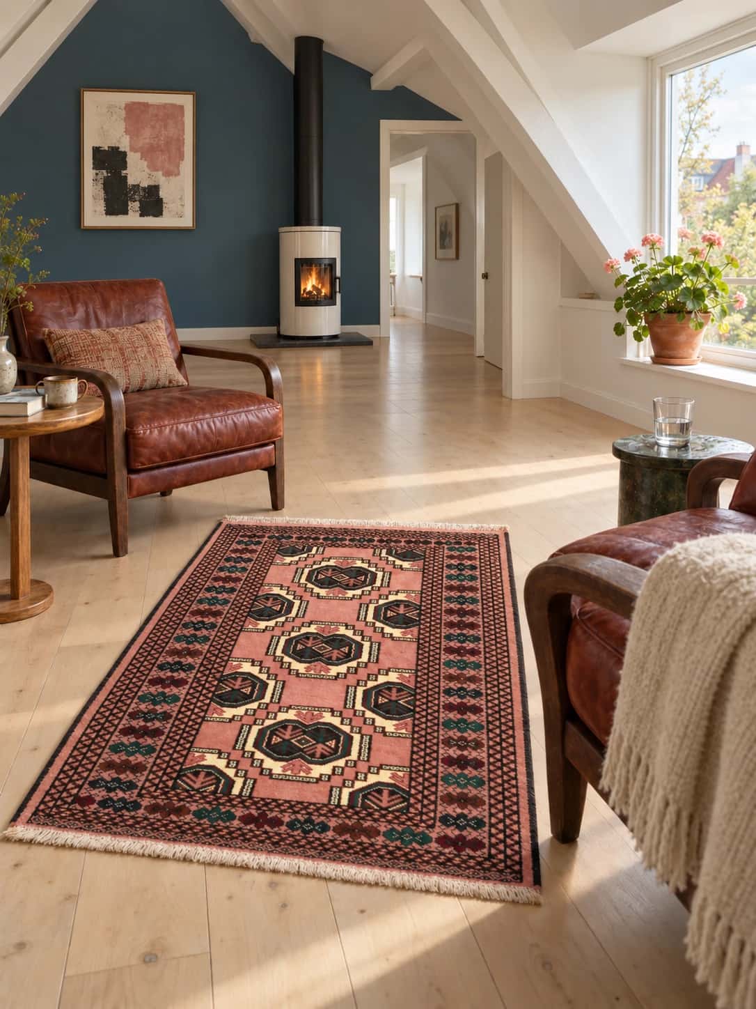 Persian Turkoman rug, oriental, 85x125 cm, mainly pink — In a room