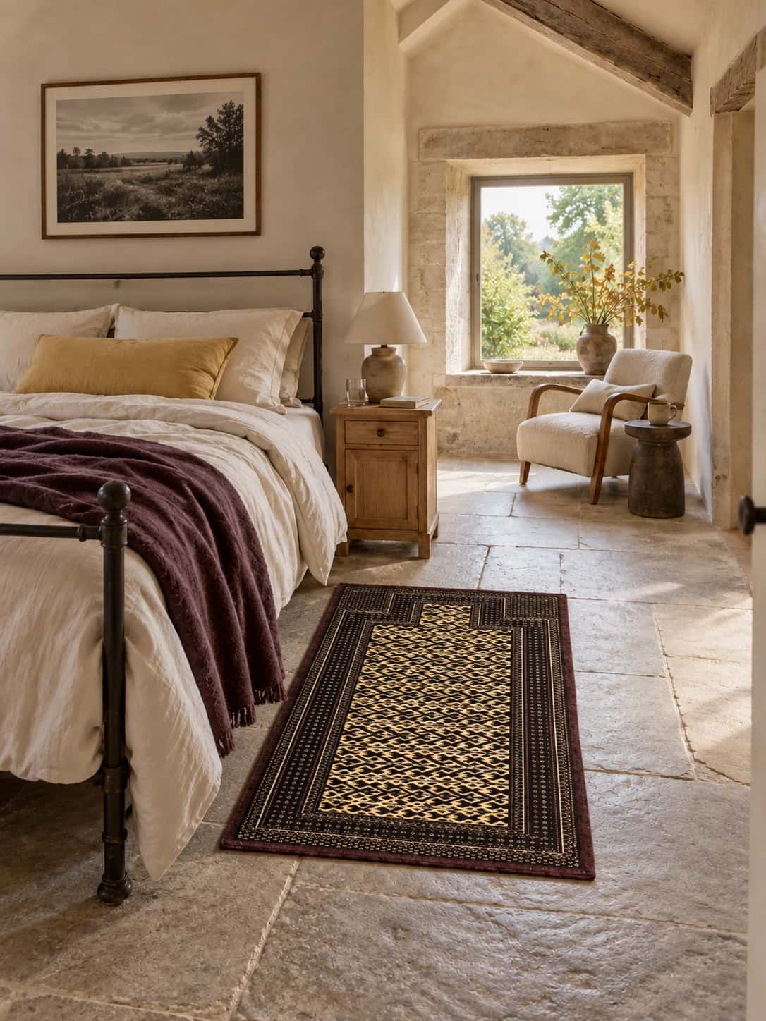 Alfombra de oración persa turcomana, 94x133 cm, principalmente en marrón y amarillo — En una habitación