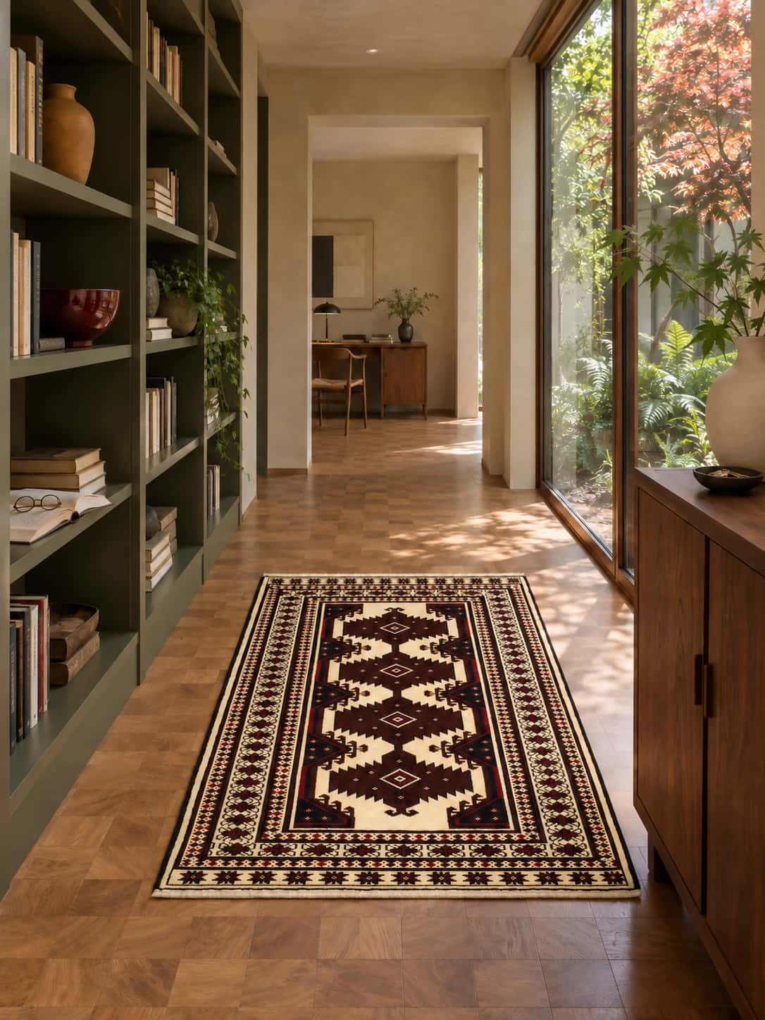 Persian rug, geometric, 79x112 cm, mainly black and yellow — In a room