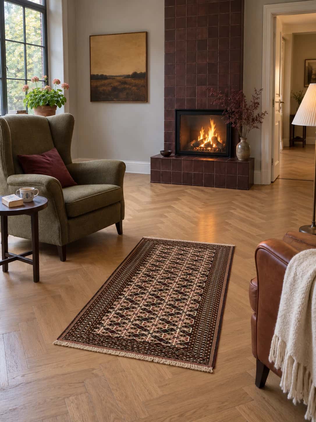 Persian Turkoman rug, oriental, 76x117 cm, mainly brown — In a room
