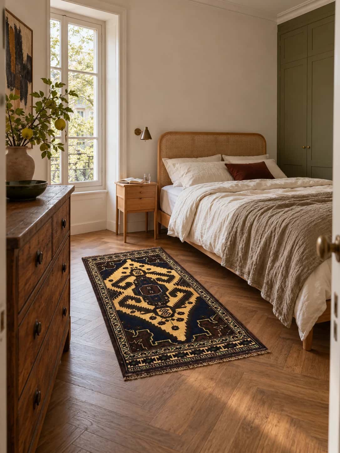 Persian Turkoman rug, oriental, 78x132 cm, mainly yellow and black — In a room