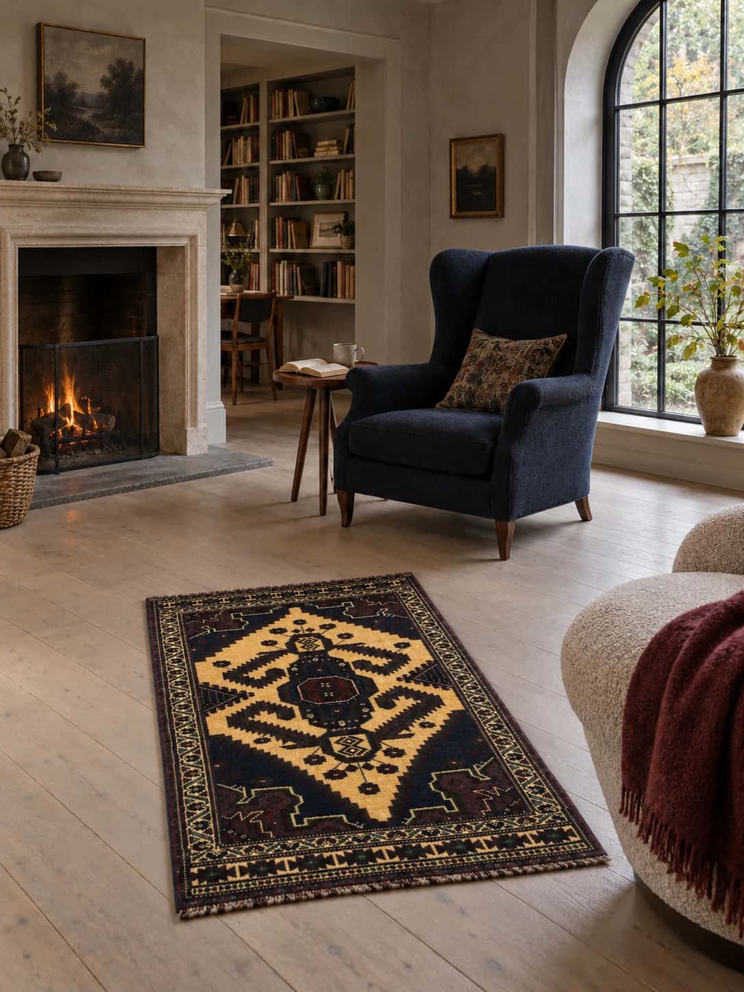Persian Turkoman rug, oriental, 78x132 cm, mainly yellow and black — In a room