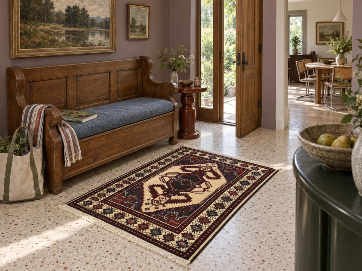 Persian Turkoman rug, oriental, 90x113 cm, mainly yellow and black — In a room