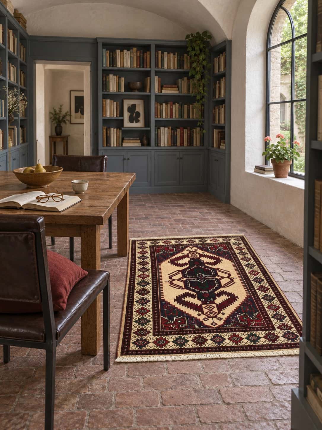 Persian Turkoman rug, oriental, 90x113 cm, mainly yellow and black — In a room