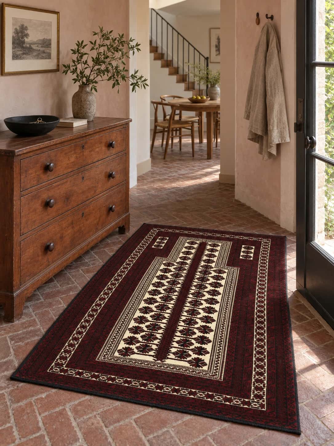 Persian Turkoman Prayer Rug, 110x150 cm, mainly red and black — In a room